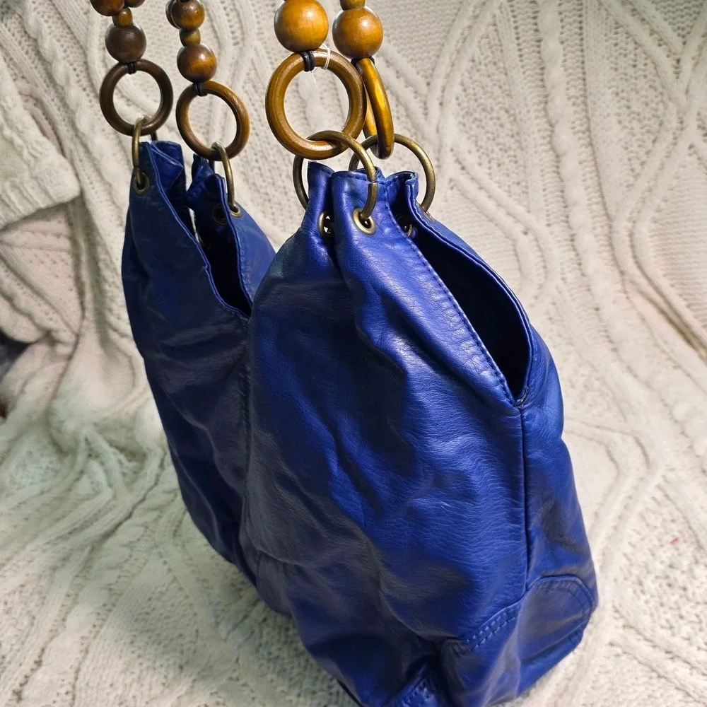 Bueno Hobo Satchel Bag Royal Blue Wood Bead Circle Handle Purse Soft Colorful